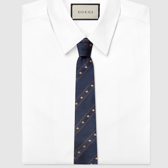 Gucci midnight navy and red silk bee web tie - Picture 2 of 8